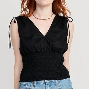 Old Navy Black Smocked Waist Double V Ruched Tie Shoulder Tank Blouse Medium